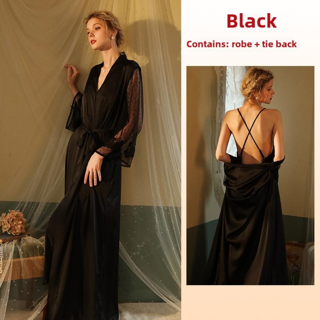 Сексуальная ночная рубашка, удлиненный халат, пижама, длинные рукава, женская атласная домашняя одежда