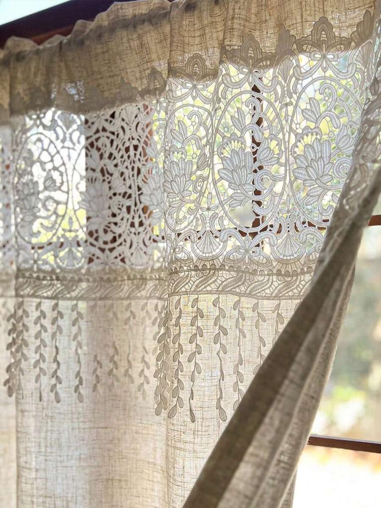 1pc Linen Lace Cafe Curtain, Rod Pocket Hollow Crochet Half Curtain, Rustic Farmhouse Short Window Valance for Kitchen Cabinet D