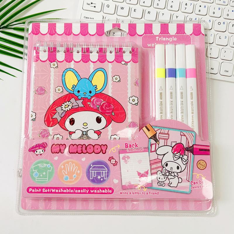 Sanrio Hello Kitty Melody Kuromi Блокнот для рисования Четырехцветный акварельный маркер Мультяшный граффити Раскрашивание Акварельная живопись Подарок