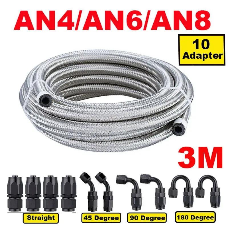 10FT 3M AN6 AN8 Car Fuel Hose Oil Gas Cooler Hose Line Pipe Tube Stainless Steel Braided Inside CPE Rubber + 10 End Adapters