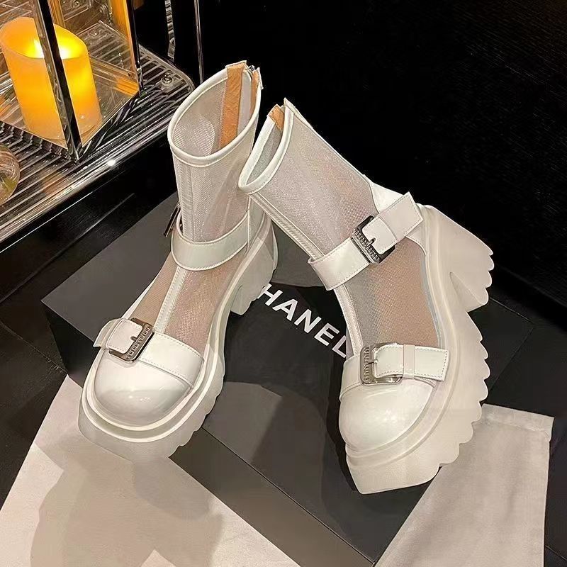 2024 Лето Новые толстые каблуки Высокий каблук Hollow Cool Boots Женские сетчатые сапоги Толстая подошва Короткие сапоги