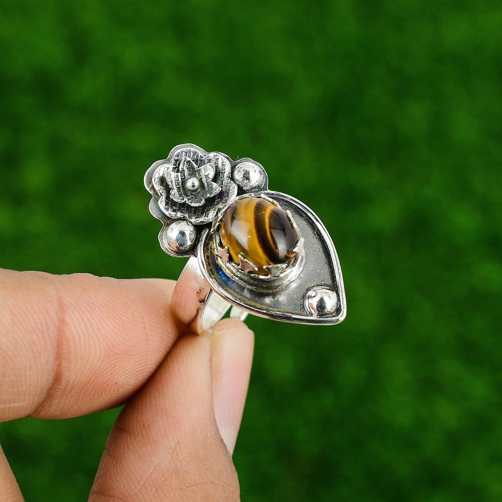 Natural Tiger'S Eye Gemstone Stackable Flower Adjustable Ring 925 Silver