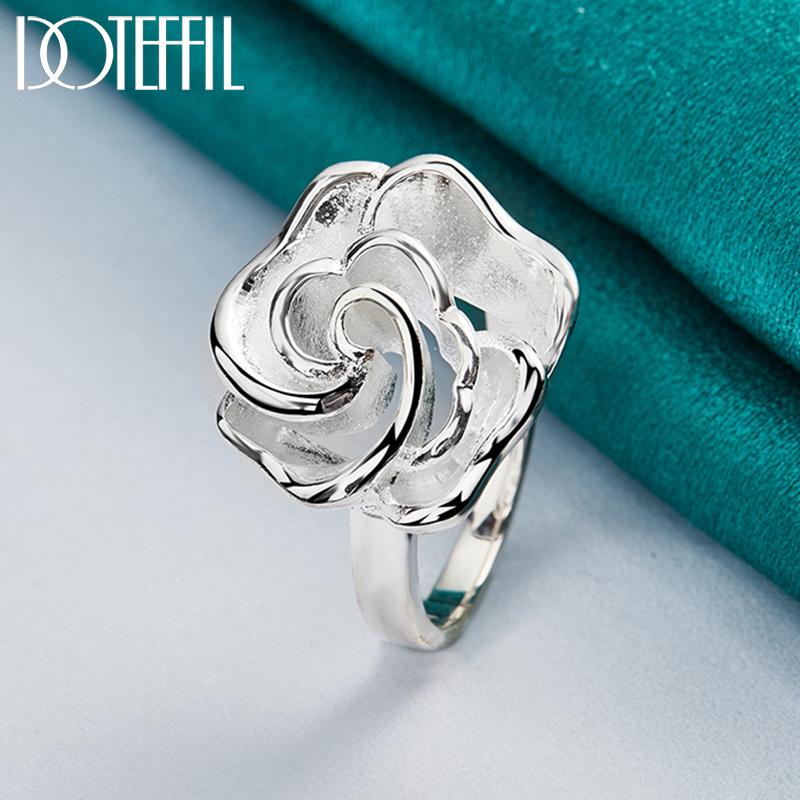 DOTEFFIL 925 Silver Rose Flower Blossoms Ring For Woman Fashion Wedding Engagement Party Gift Charm Jewelry