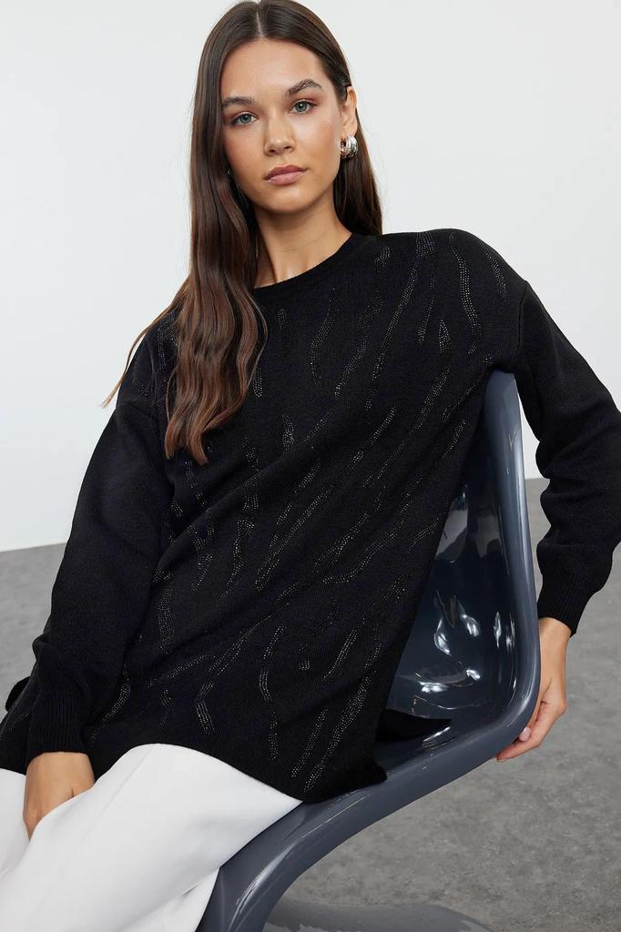 Women's Fashionable Stylish Hijab Sweater Black Stone Embroidered Knitwear Sweater