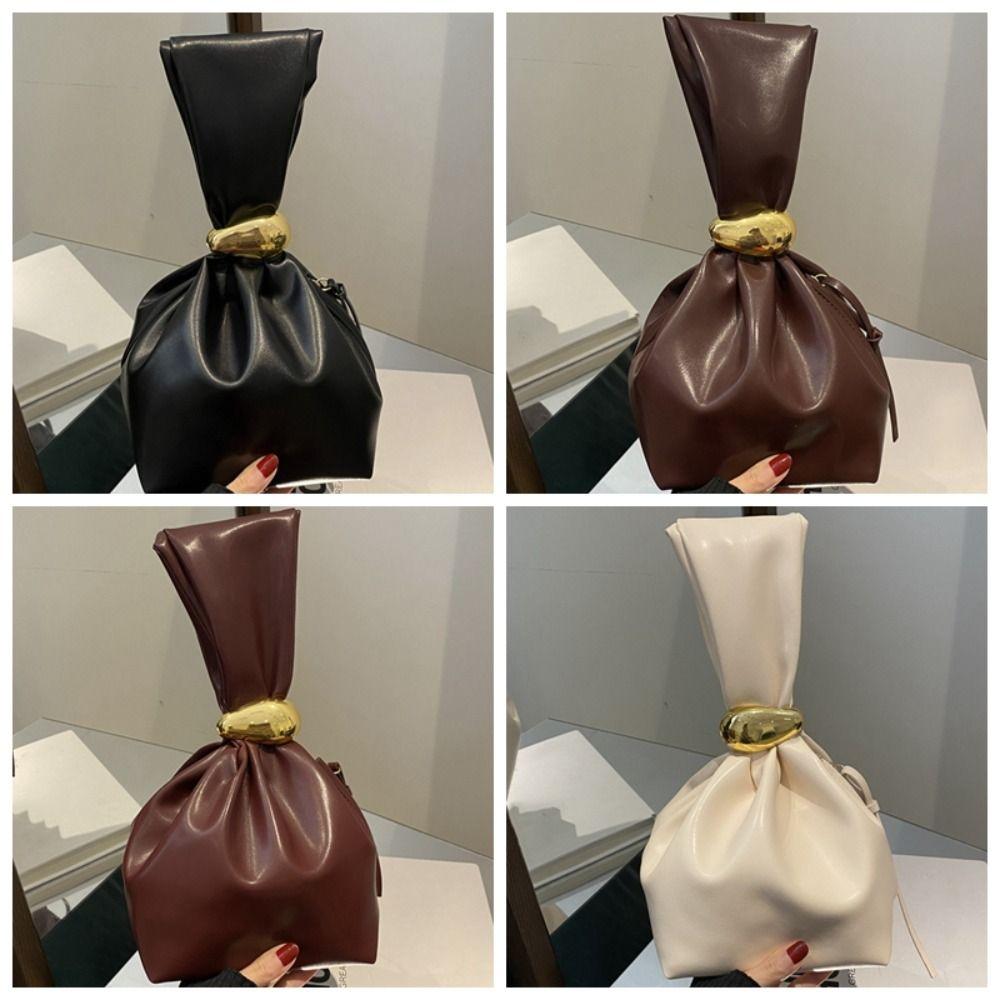 Solid color PU Leather Clutch Bag Side Zipper Pleated Bucket Bag Retro Party Evening Bag Daily