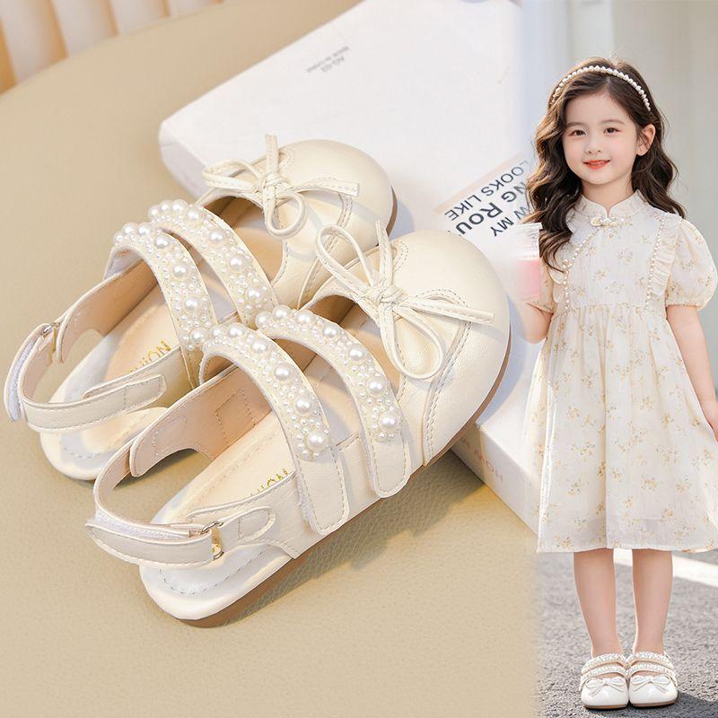 Girls Pearl Bow Mary Jane Sandals Soft Sole Back Strap Princess Shoes Kids Shiny Closed Toe Sandals Little Girl Rhinestone Shoes