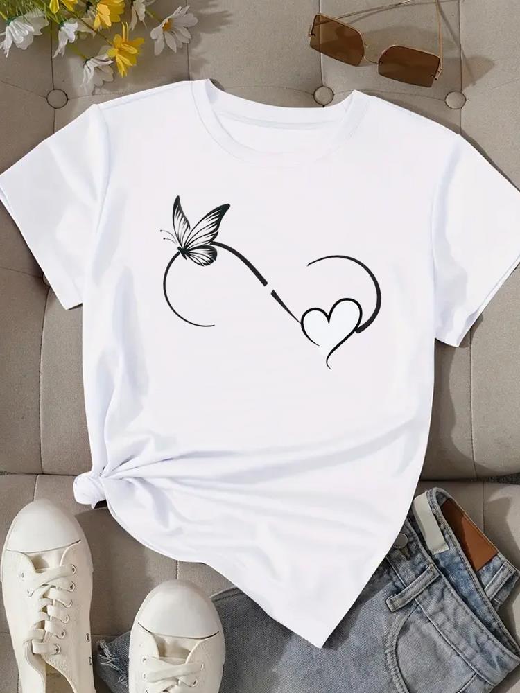 (Азиатский размер) Принт Мода Женская Футболка Топ Женская Одежда Футболка принт сердце любовь Женская Футболка с Коротким Рукавом Графические Футболки