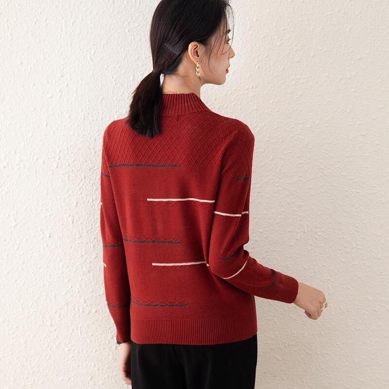 TUHUANG Women's Pure Wool Semi-High Collar Contrast Sweater