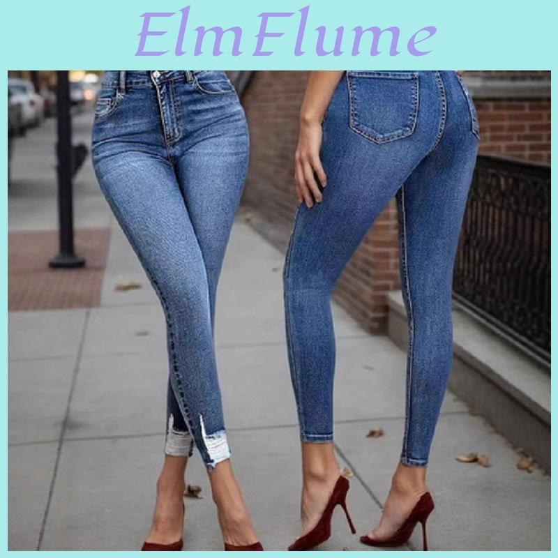 Vintage Women High Waist Denim Jeans Ladies Stretch Ripped Hole Skinny Pencil Pants