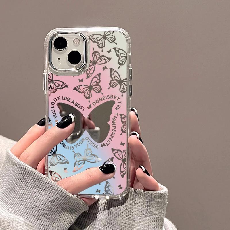 Для iPhone 16 Pro 13 Чехол Роскошный Зеркальный Серебристый Чехол для Телефона с Бабочками iPhone 15 14 11 12 Pro Max 16 Plus XR X XS Ударопрочный Чехол