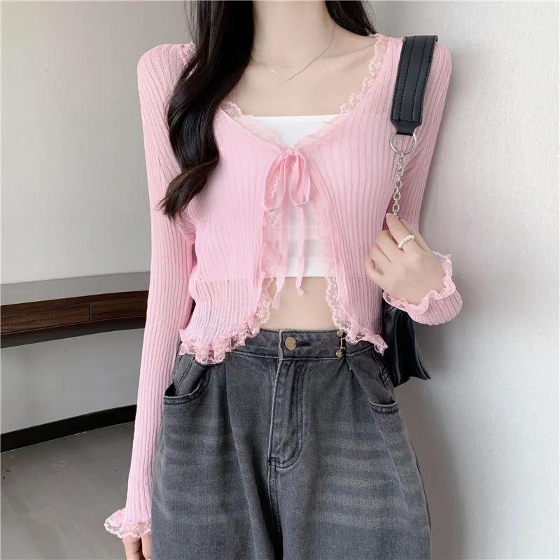 Summer Lace Cropped Sunscreen Cardigans Women New Basics Slim Lace-up Long Sleeve Thin See Through Knitted Tops 4 Colors