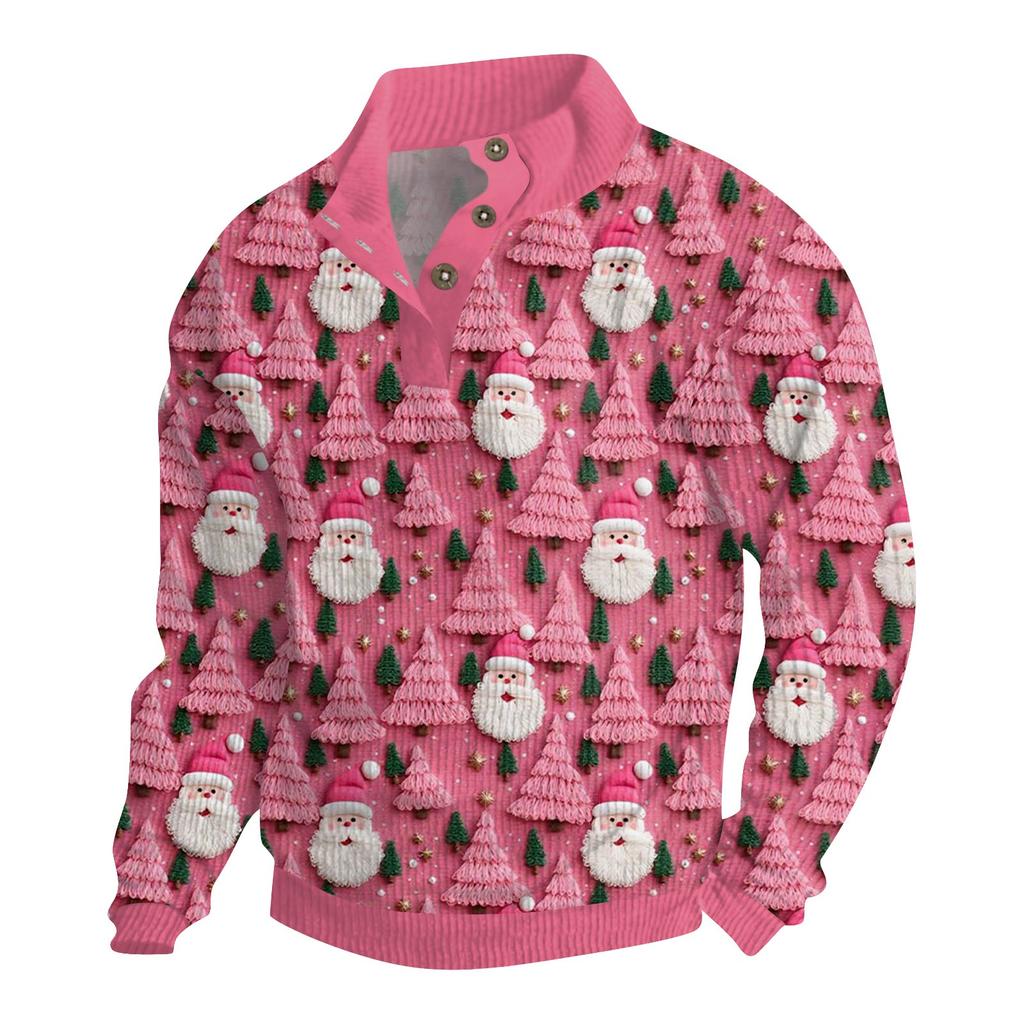 Men's Christmas Cotton Pullover Long Sleeve Outdoor Shirt Vintage Corduroy Button Stand Collar Shirt Casual Sweatshirt Christmas Print Top