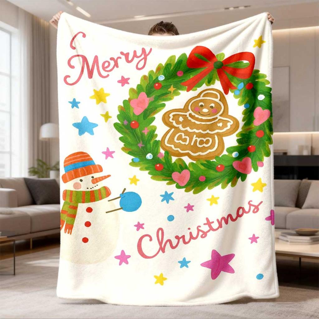 2026 Latest Flannel Blanket Festive Wreath & Gingerbread for Man Plaid Flannel Blanket Lightweight, WrinkleResistant, Durable Polyester, Perfect for C