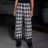 Женские брюки больших размеров с высокой талией, широкие брюки в клетку, свободные повседневные брюки в черно-белую клетку