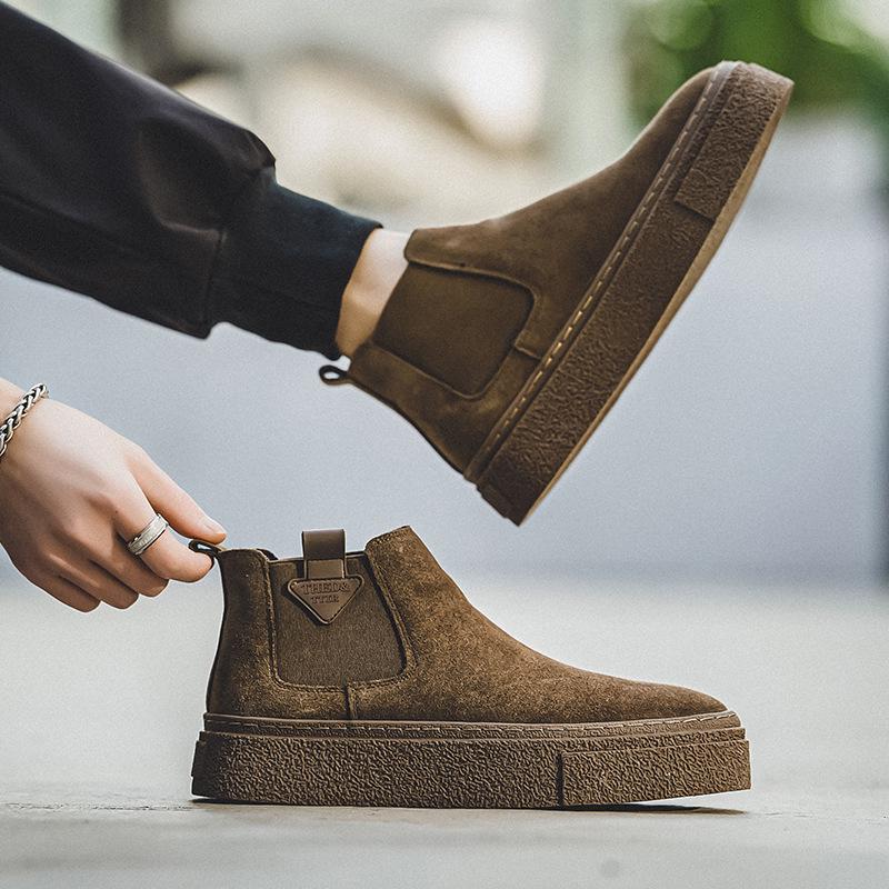 Men's Chelsea Suede Slip-On Ankle Boots, Retro British Style, Winter Velvet, Versatile Mid-Top Martin Design