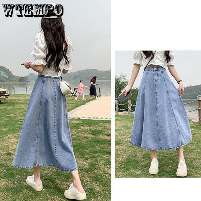 WTEMPO Женские джинсовые юбки трапециевидной формы, уличная одежда, свободная повседневная летняя летняя корейская стильная эластичная юбка с высокой талией, классическая винтажная синяя юбка