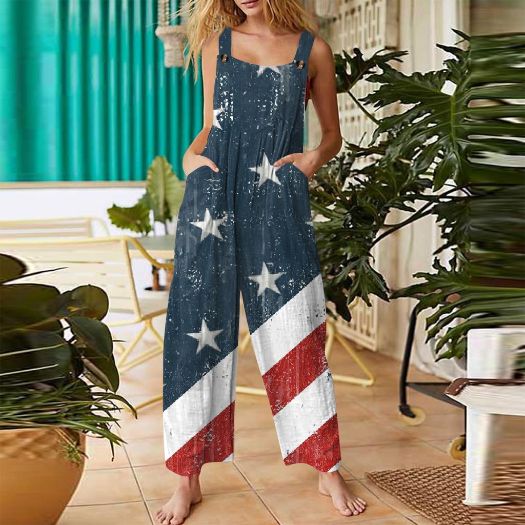 Женский модный комбинезон на пуговицах без рукавов с принтом ко Дню независимости