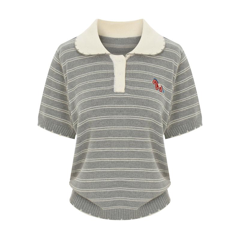 SELLY'S Striped Embroidered Collared Short Sleeve Knit_I6A-Ckn011