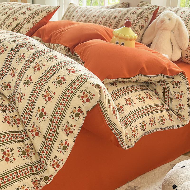 Class A Fresh Four-Piece Set: Washed Cotton Bed Sheet & Duvet Cover with Double Layer Gauze - Home Bedding Collection