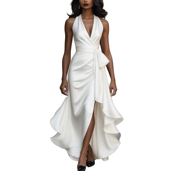 Женское атласное платье миди с оборками, высоким низом, без рукавов, с V-образным вырезом, халтер, завязкой на талии, для выпускного вечера, гостя на свадьбе, вечеринки, коктейля