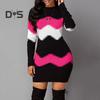 Женское осенне-зимнее платье эластичное полосатое сочетание цветов размера плюс длиной выше колена с длинным рукавом и круглым вырезом Slim Fit Lady Mini Dress