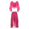 Womens Belly Dance Costume V Neck Lace Up 3/4 Tulle Flare Sleeve Crop Top Sequin Beaded Chiffon Skirt