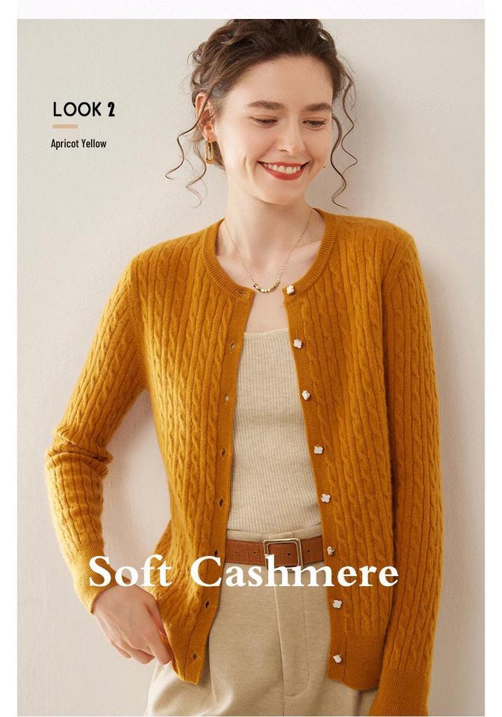 Women's Cashmere Cable Knit Round Neck Cardigan - Autumn/Winter Fashion Versatile Style.
