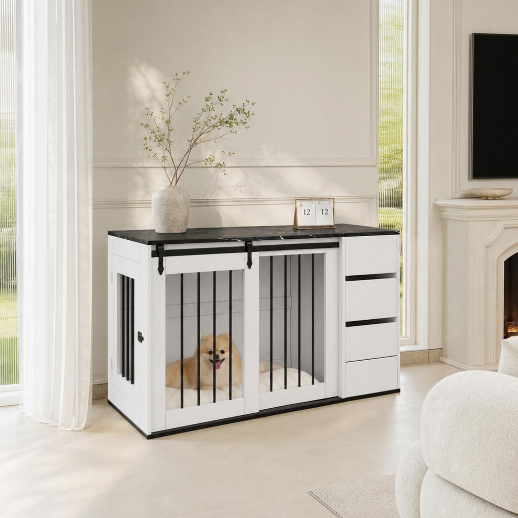2-in-1 Dog Crate, Wood-Metal, as Side Table, for Small to Medium-Sized Dogs, 140 x 60 x 87 cm, White, Tabletop with Black Marble-Effect Foil