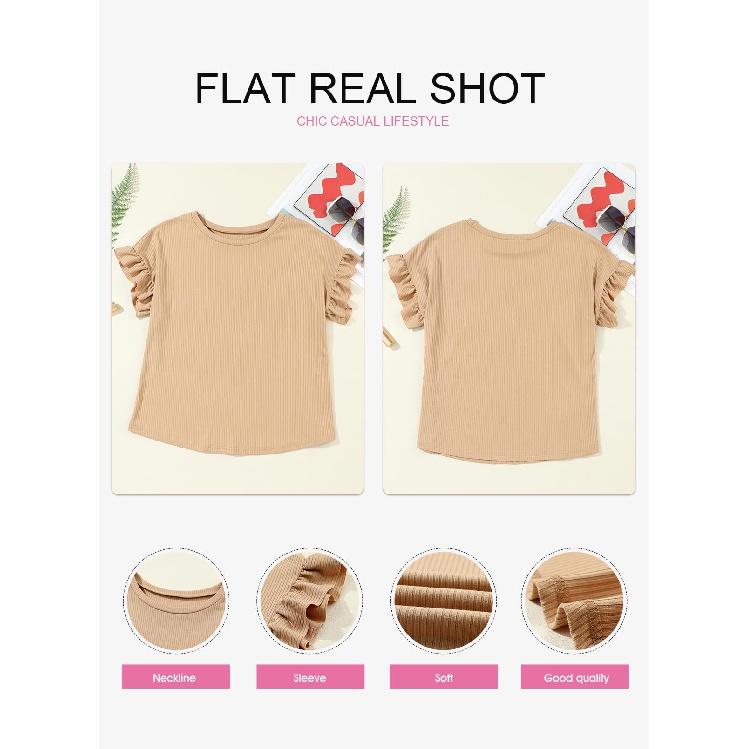 Женская футболка с коротким рукавом, повседневные базовые футболки, летние однотонные вязаные футболки свободного покроя с рюшами и круглым вырезом, блузки