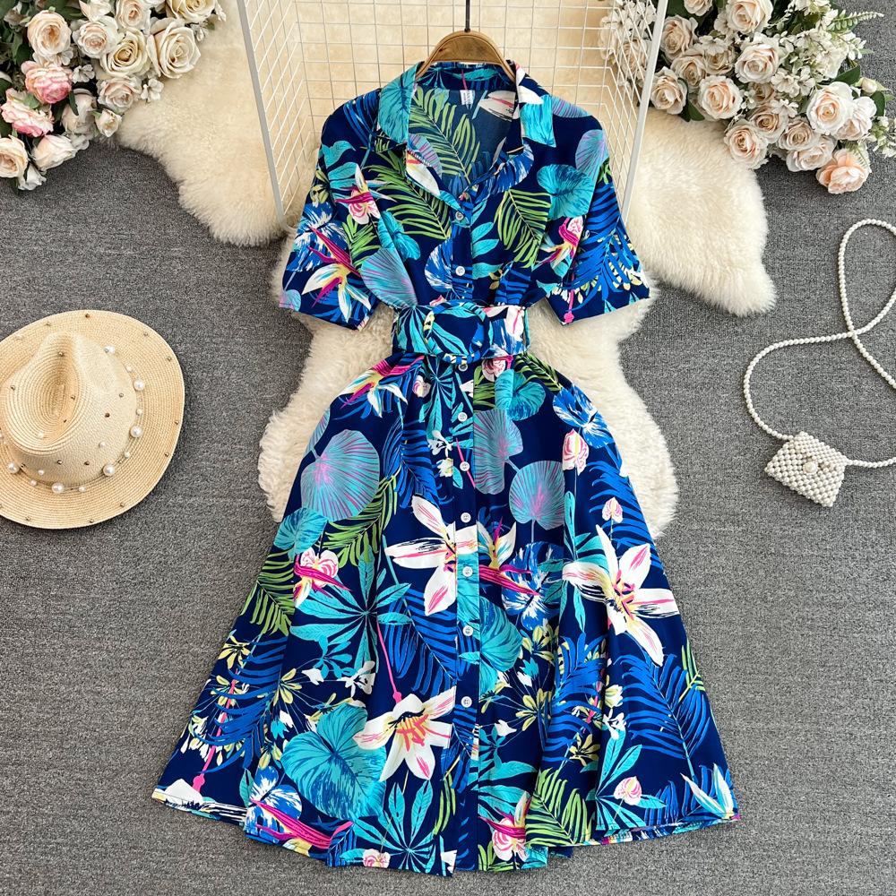 Women's Floral Print Dress A-line Elegant Vintage Lady Summer Dresses with Belt Casual Vestidos
