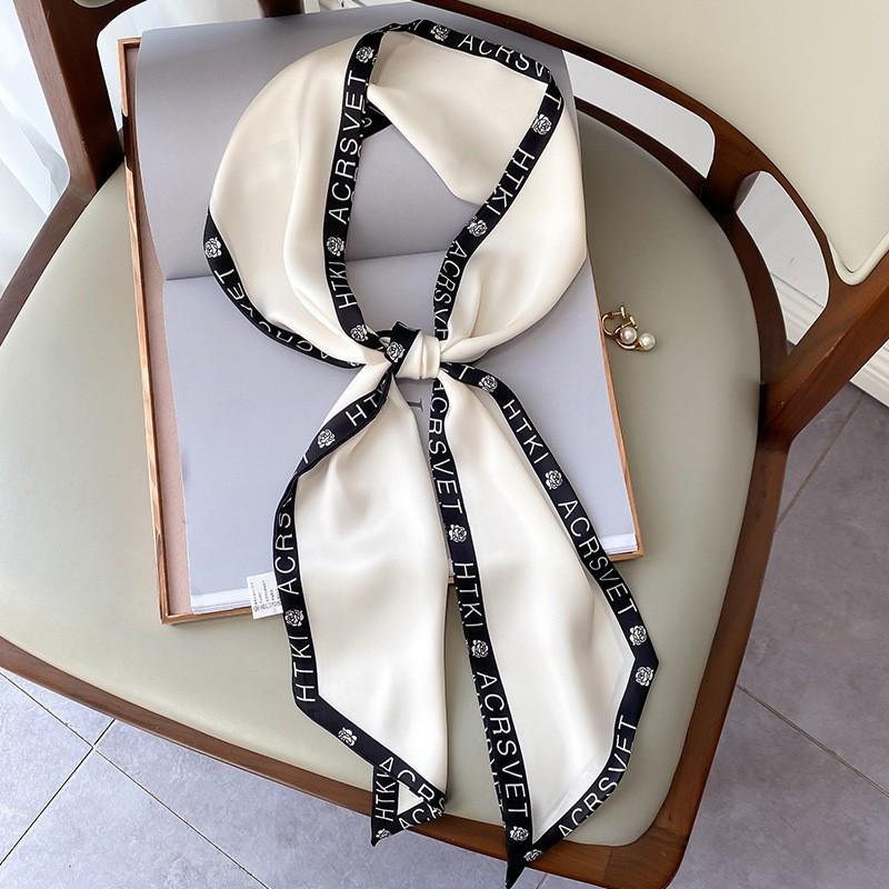 Elegant Narrow Silk Scarf Women Vintage Style Long Triangle Necktie Hair Band Lightweight Accessory In Green Brown