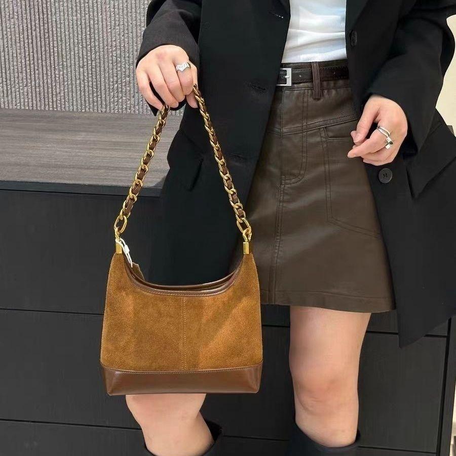Retro Brown Chain Shoulder Bag Women Matte Patchwork Large Capacity Underarm Bag Ladies Fashion Versatile Commute Crossbody Bags