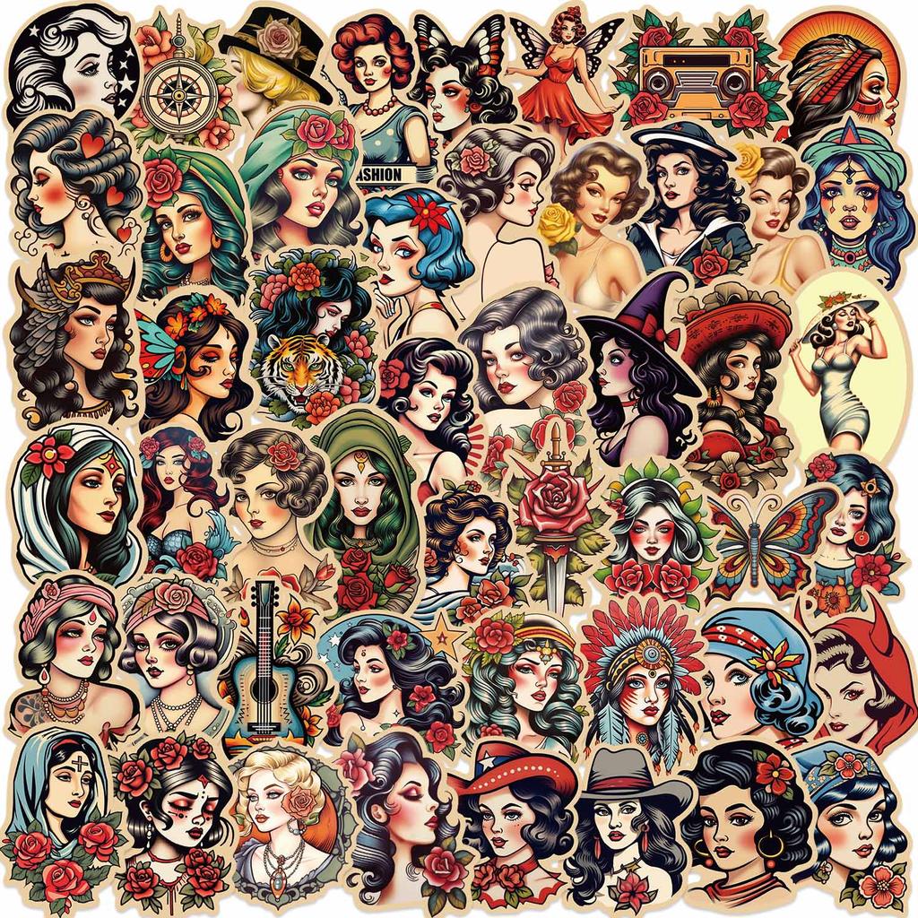 50PCS European and Retro Women Girl Sticker Graffiti DIY Car Refrigerator Skateboard Motorcycle Waterproof Sticker