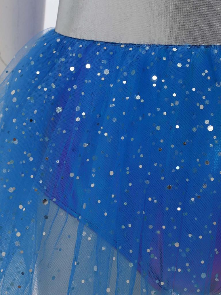 Womens Alien Cosplay Dress Fly Sleeve Front Hollow Out Metallic Shiny Patchwork Tulle Hem Built-in Briefs