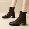 Модные женские замшевые ботильоны с квадратным носком, элегантные туфли на среднем каблуке, женская мода 2025 года, зимняя мода, ретро-платье, мотоциклетные ботинки Mujer