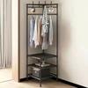2/3 Layer Corner Coat Rack Multi-Function Floor Standing Clothes Hanger Rack Removable Metal Clothing Storage Shelf Cabinet