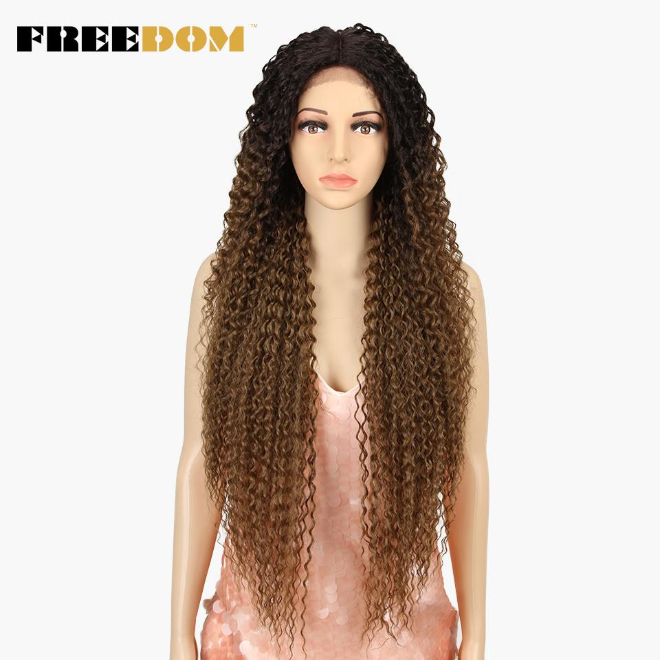 FREEDOM Synthetic Lace Front Wigs For Women Long Curly Hair 36 Inch Cosplay Wigs Blonde Ombre Heat Resistant Synthetic Lace Wig