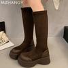 Модная платформа Женские высокие сапоги До колена Плоская обувь Женщина 2025 Тренд Мода Зимнее платье Элегантные Уютные Мотоциклетные сапоги Mujer Botas