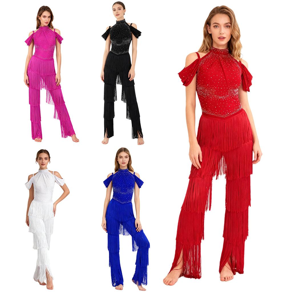 S-XXL Women's Rumba Ballroom Dance Jumpsuit: Halter Off Shoulder Backless Rompers with Rhinestones Tiered Tassels for Samba Party