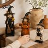 Charming Witch Decor for Autumn Parties Wooden Ornament, Retro Halloween Figurine with Broom/Pumpkin/Black Detailed Carving Cat, Creative Tabletop