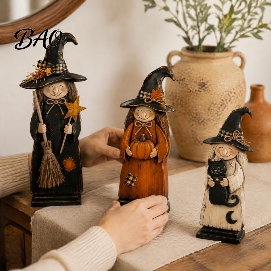 Charming Witch Decor for Autumn Parties Wooden Ornament, Retro Halloween Figurine with Broom/Pumpkin/Black Detailed Carving Cat, Creative Tabletop