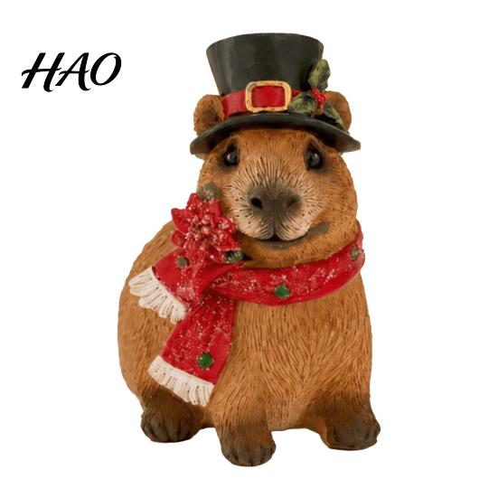 Small Resin Craft Christmas Capybara Figurine with Hat And Scarf, Cute Desk Decor Statue, Cartoon Animal Sculpture for Home Holiday Party Tabletop