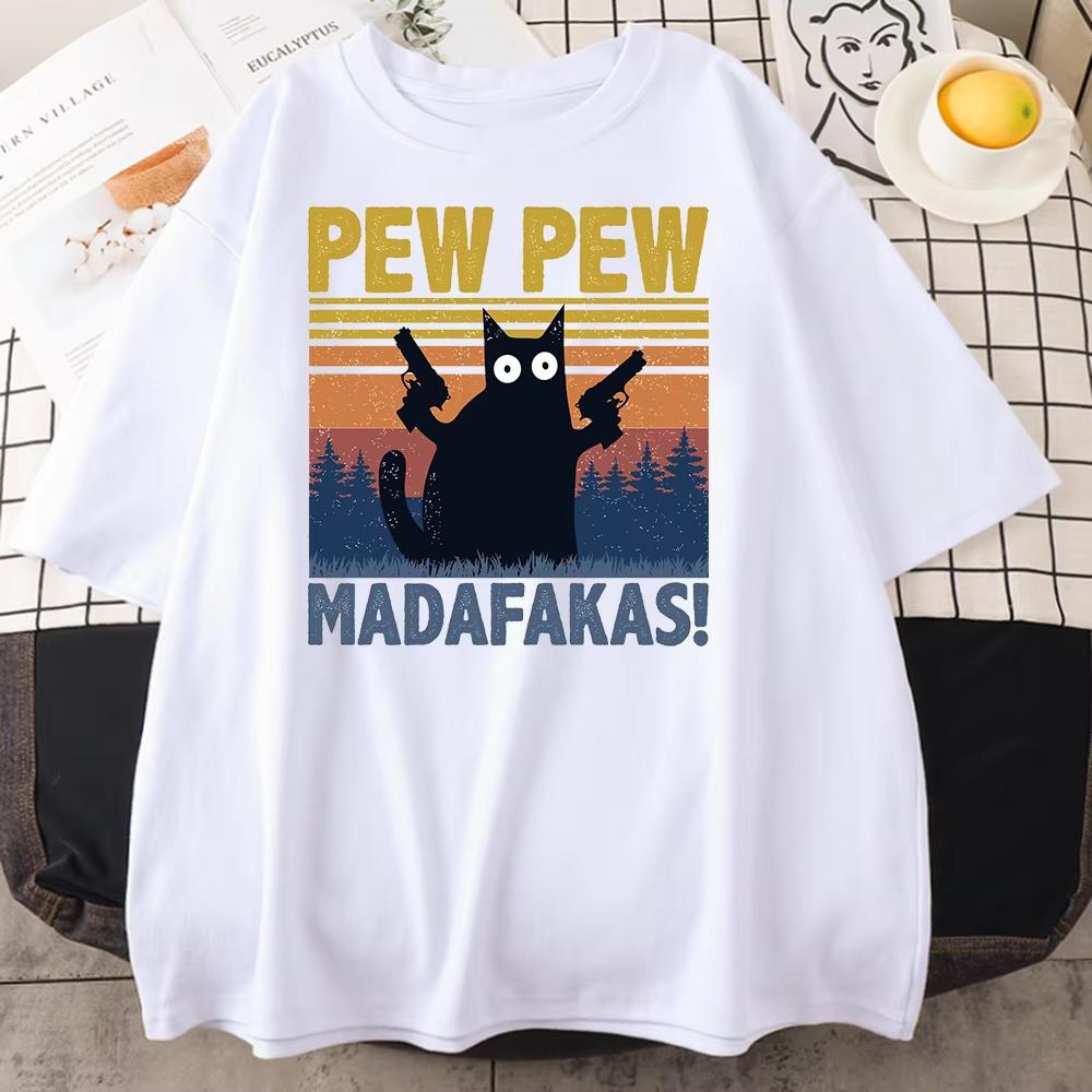 Pew Madafakas Черный Кот Принт Мужская Хлопковая Футболка Одежда Личность Винтажные Хлопковые Футболки Повседневные Трендовые Топы Мужские С Коротким Рукавом