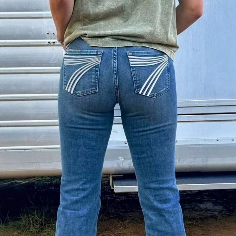 2026 Contrast Embroidery Flare Jeans Women Slim Low Rise Full Length Casual Denim Pants
