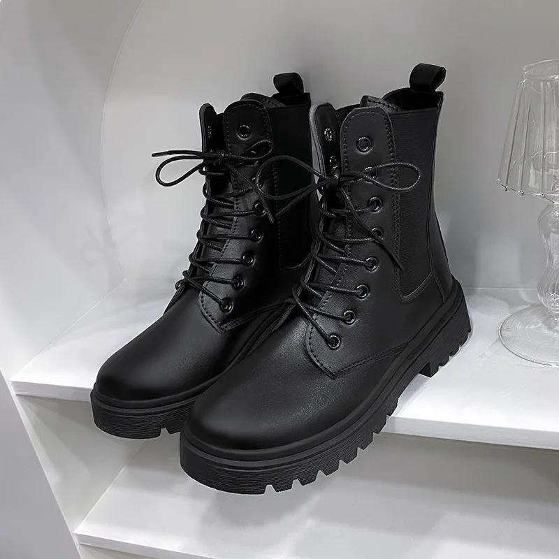 Women's Platform Motorcycle Boots Lace-up Black Pu Ankle Boots Soft Sole Non-slip Casual Shoes Thick Heel Round Toe Chelsea Boot