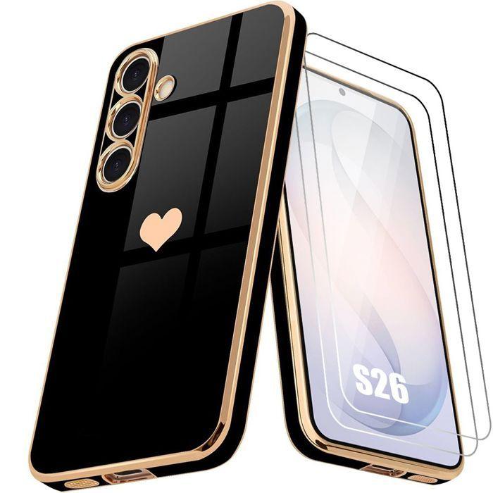 Coque Silicone - BOOLING - pour Samsung Galaxy S26 - Motif Cœur Anti-Rayure - 2 Verres Trempés - Noir