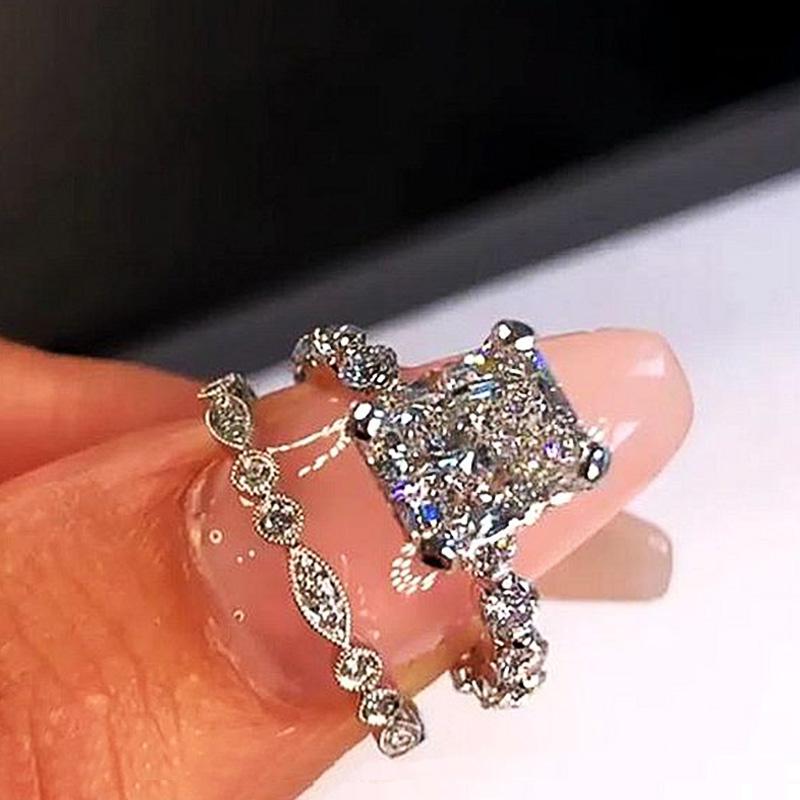 Huitan Creative Wedding Sets Rings Women Fashion Double Stackable Design Brilliant Square White Cubic Zirconia Ring Jewelry