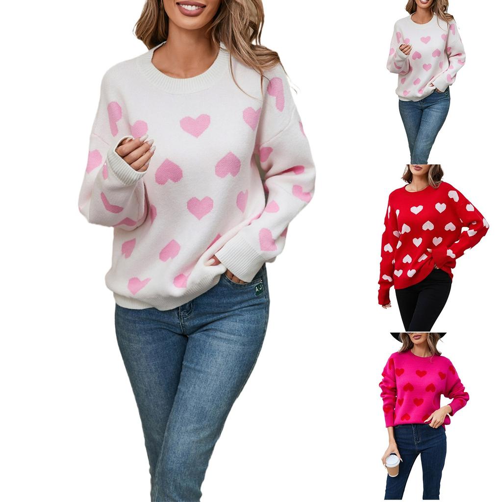 Women's Loose Casual Fashion Round Neck Heart Sweater Knitted Bottoming Shirt Sweater