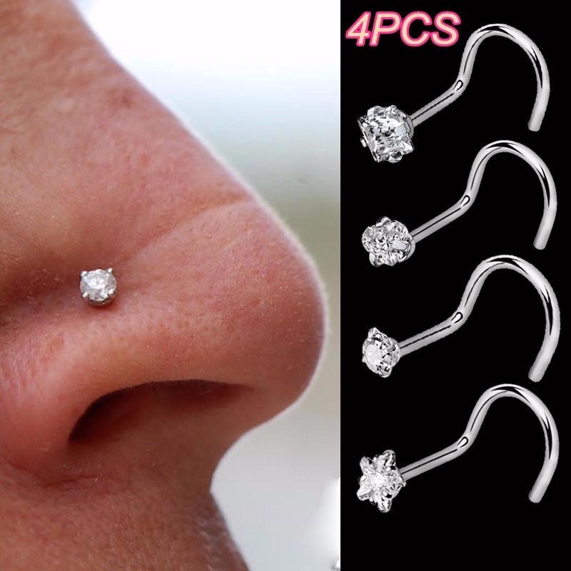 4 Pcs/set Diamond Nose Studs Stainless Steel Rhinestones Nose Piercing Rings for Women ARI