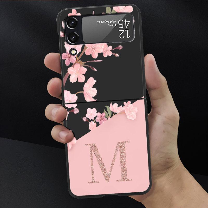 Цветочное письмо Розовый Модный Инициал M N R Чехол Для Samsung Galaxy Z Flip 3 4 5G Funda ZFlip 3 Черный ПК Жесткая Задняя Крышка Телефона Capas